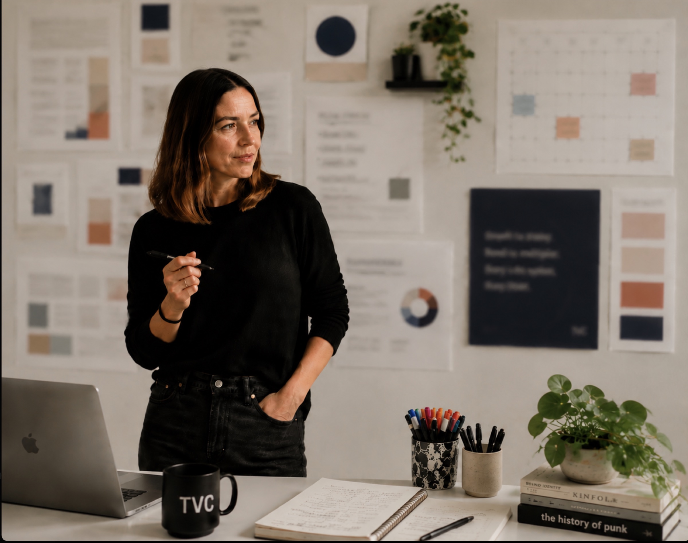 Lisa LaCour in the studio in front of a wall of strategy work