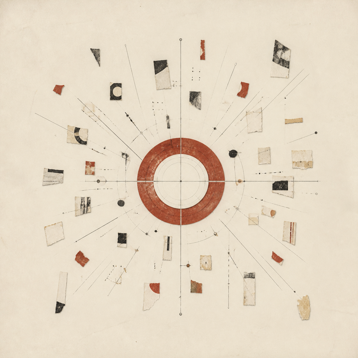 Fragments of paper and drafting lines converging into one coherent form