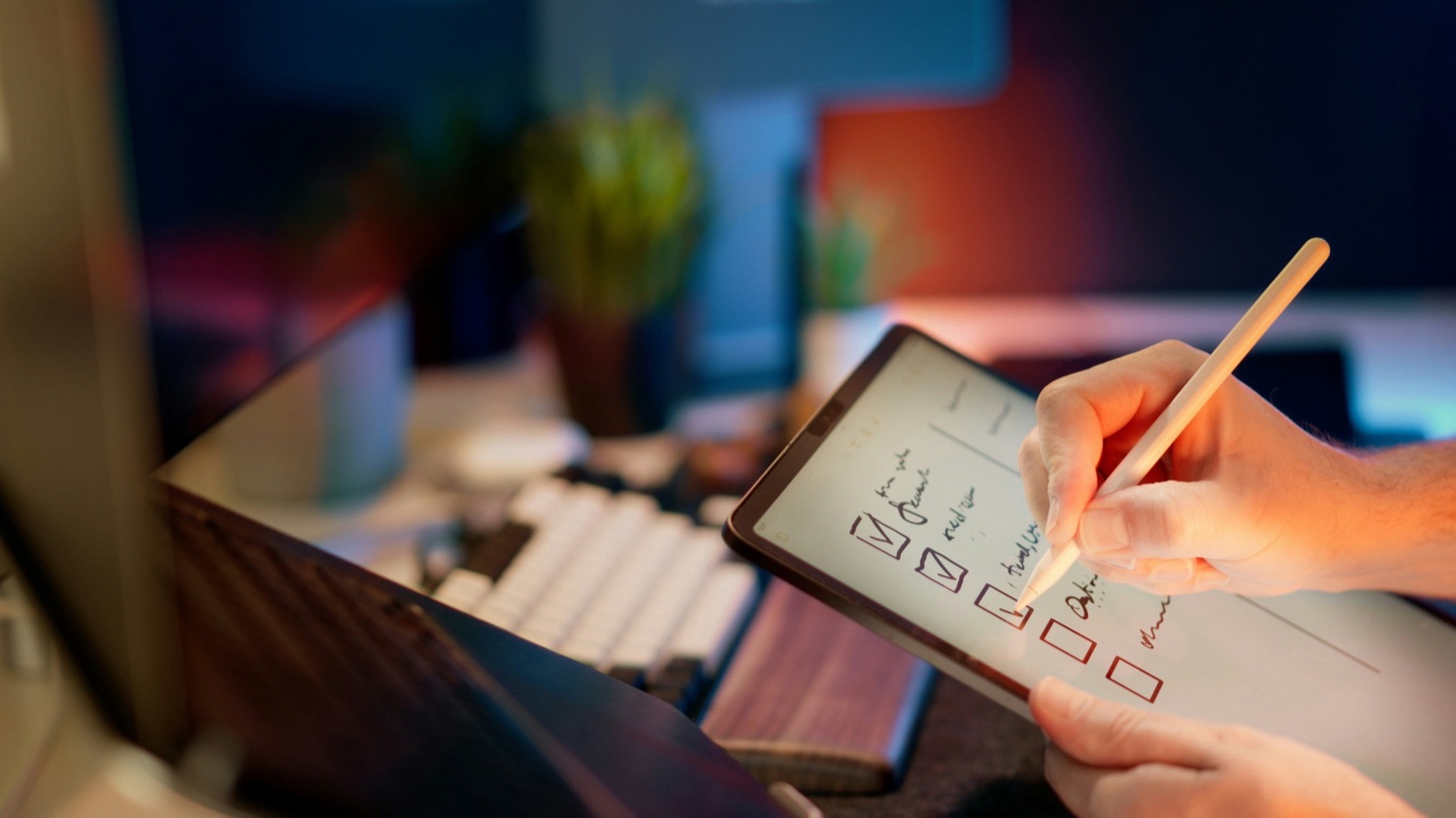 A hand checking off a to-do list on a tablet at a desk
