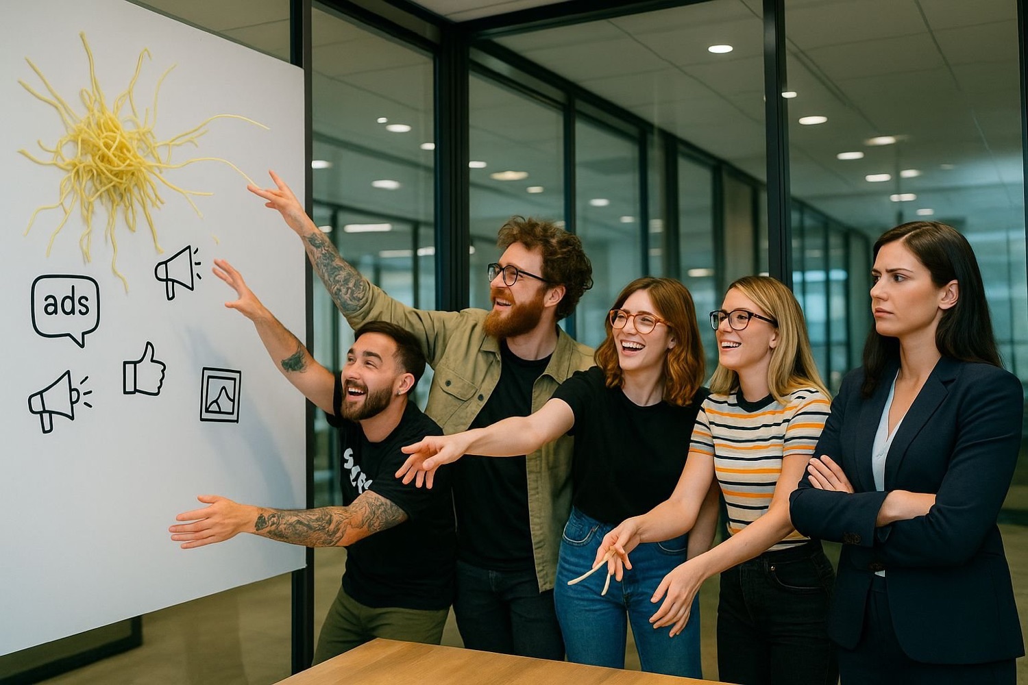 Illustration of a marketing team throwing spaghetti and ad icons at a whiteboard