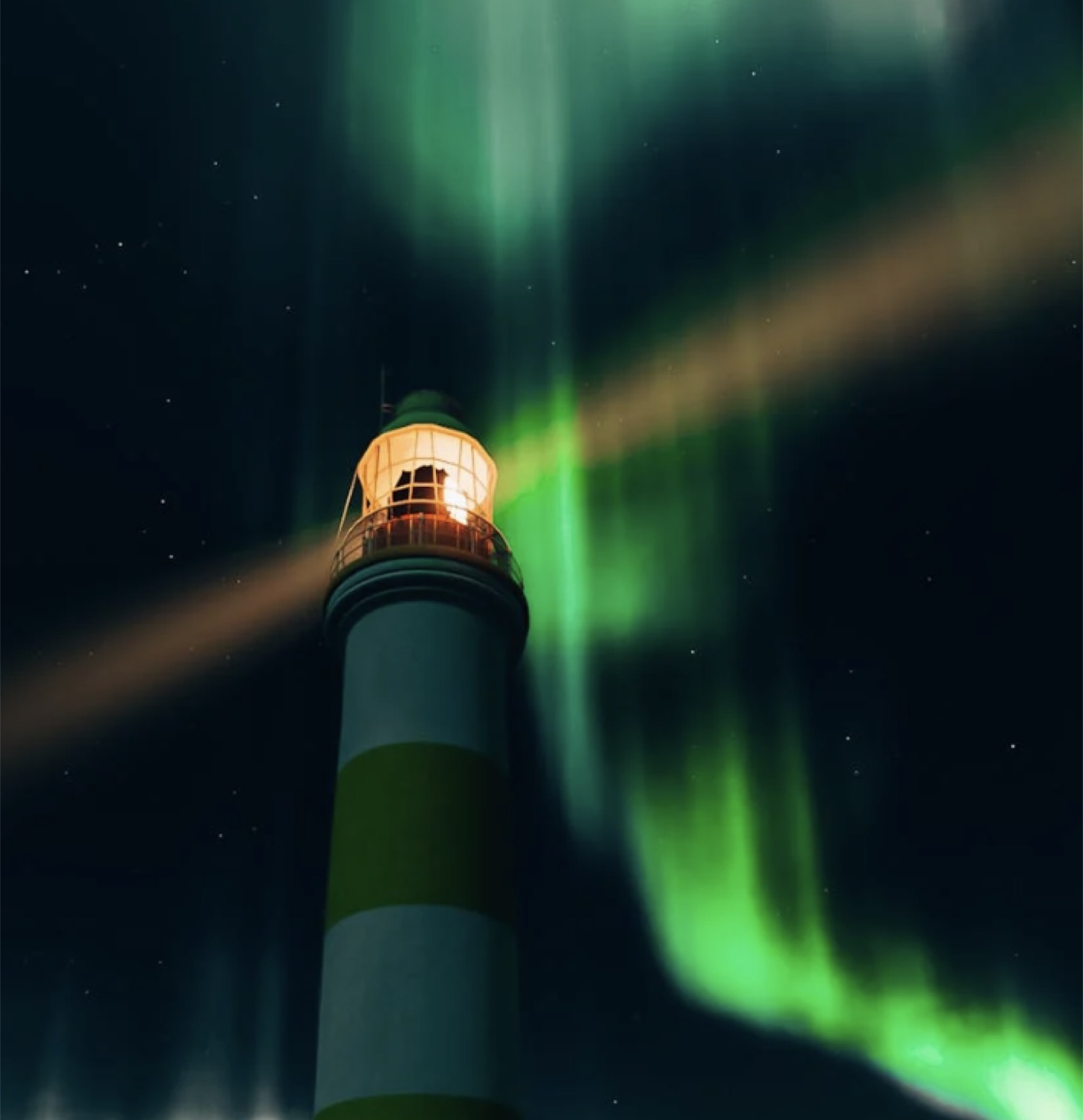 A lighthouse beaming beneath the green glow of the northern lights