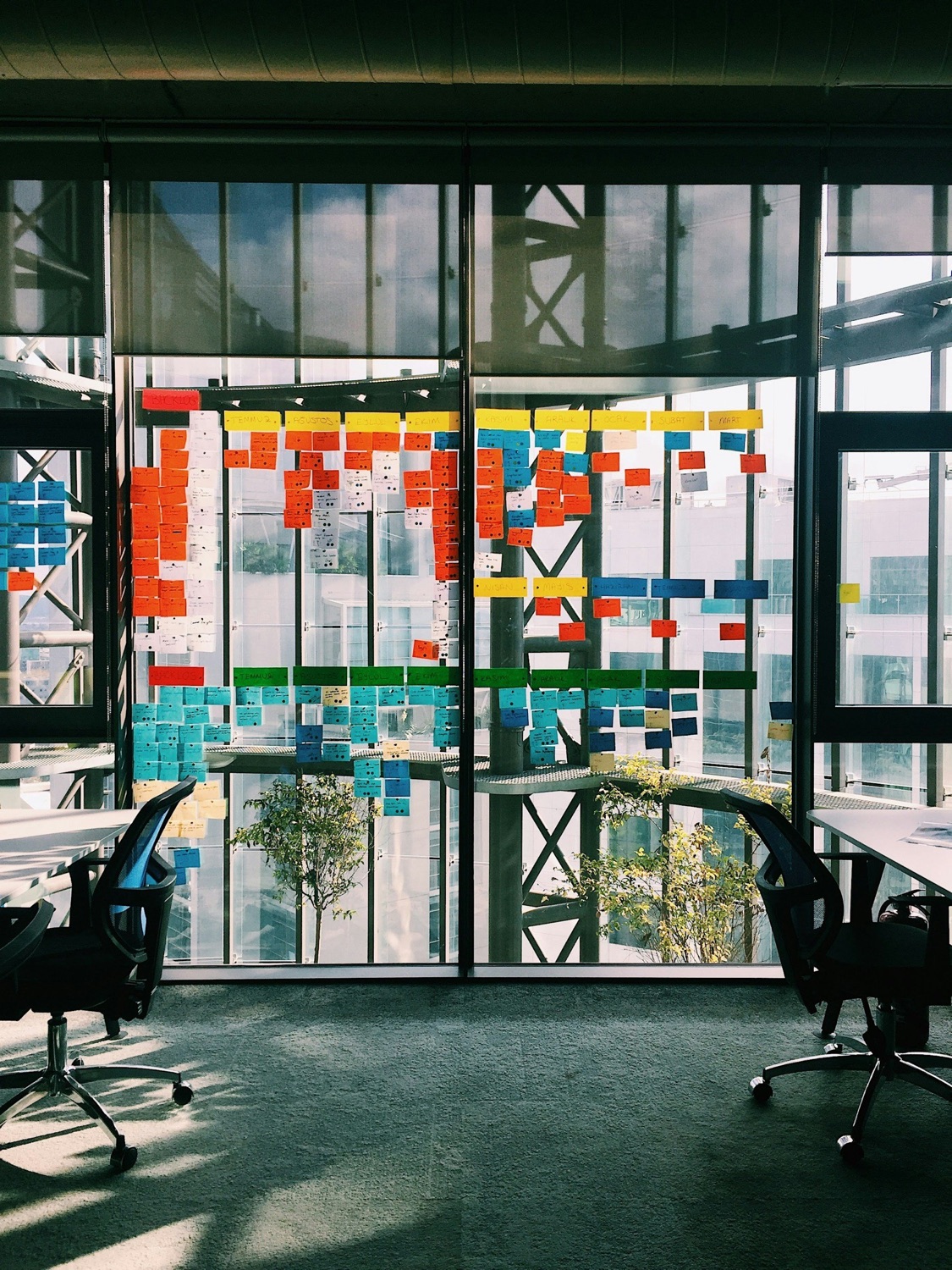 A wall of colorful sticky notes mapping a project plan across office windows